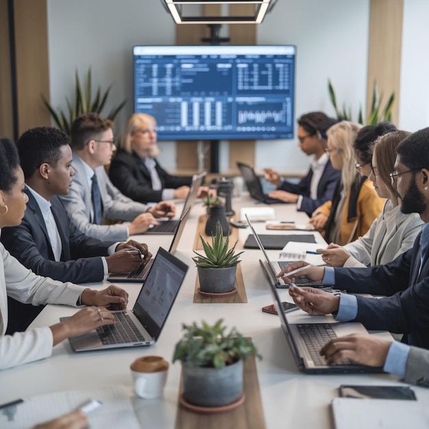 Diverse team members sitting around a conference table with laptops open analyzing data