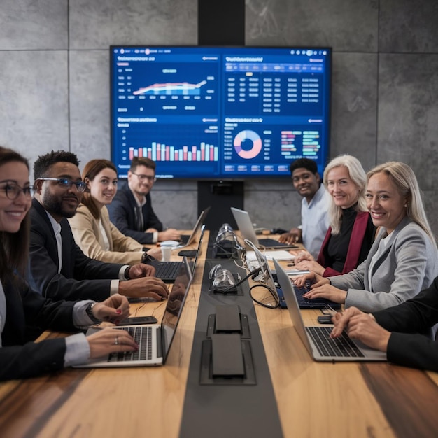 Diverse team members sitting around a conference table with laptops open analyzing data