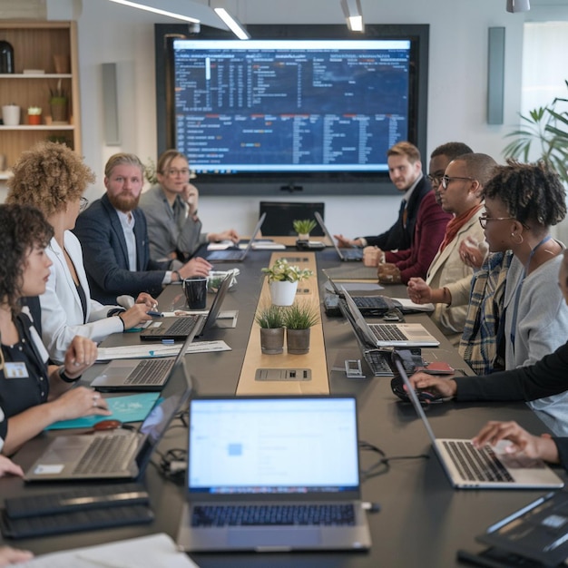 Diverse team members sitting around a conference table with laptops open analyzing data