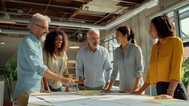 Diverse team of professionals reviewing blueprints in an office setting