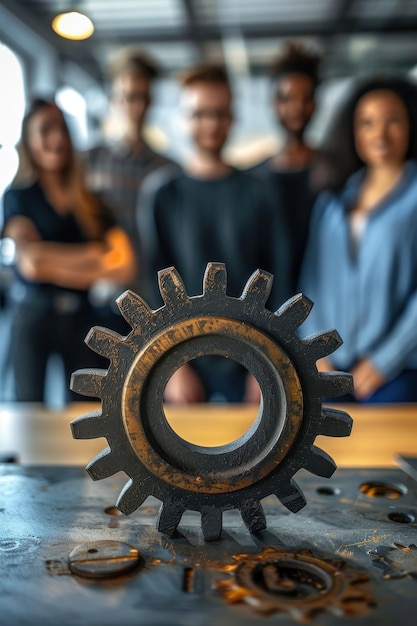 Photo diverse team of professionals standing behind a gear symbolizing teamwork and innovation in a modern office