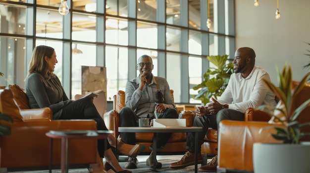 A diverse team of real estate agents discussing strategy in a modern office setting