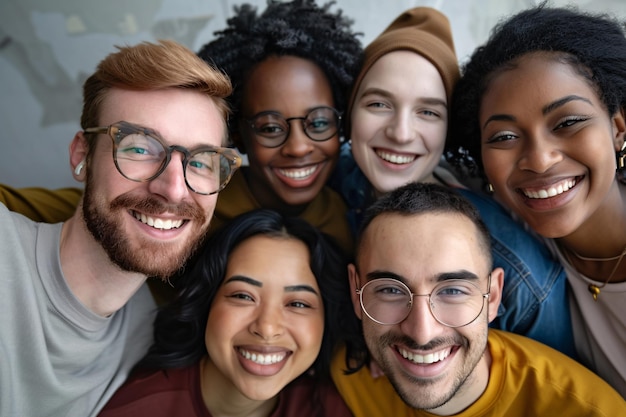 Diverse team of young coworkers capturing a group selfie in the office