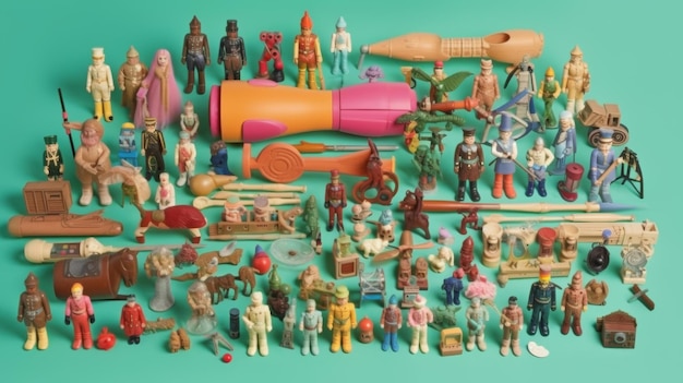 Photo diverse toy collection displayed on green background