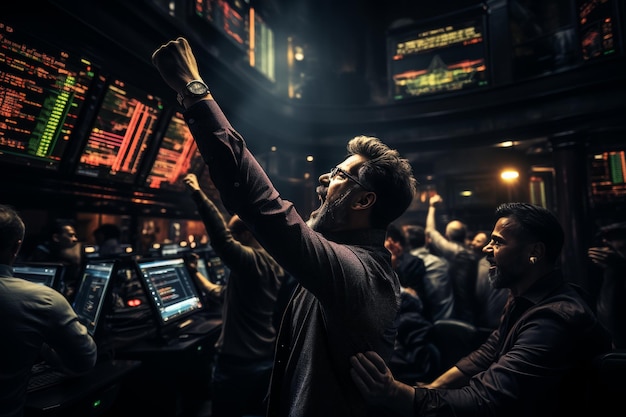 Diverse traders celebrate successful stock exchange deal in rising crypto market ipo profit victory