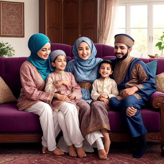 A diverse and unique Muslim family beaming with joy gathered AI_Generated