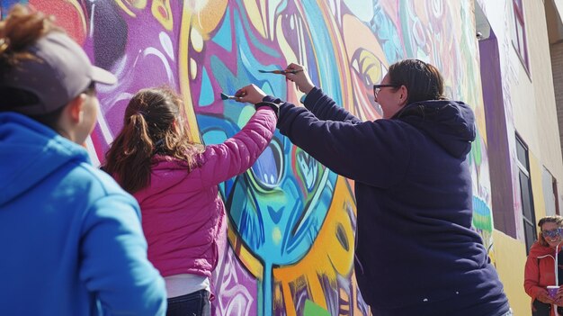 Diverse Volunteers Collaborating on Mural Painting