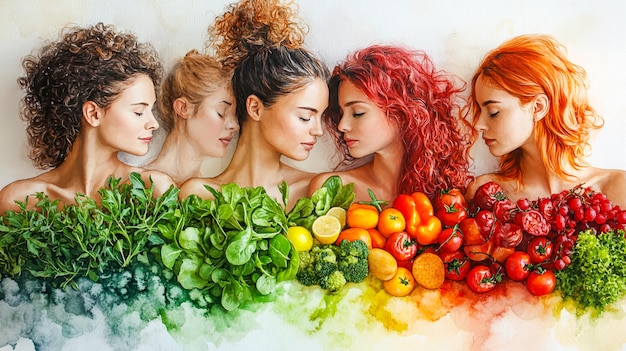 Photo diverse women celebrating healthy eating vibrant watercolor illustration of multicultural nutrition