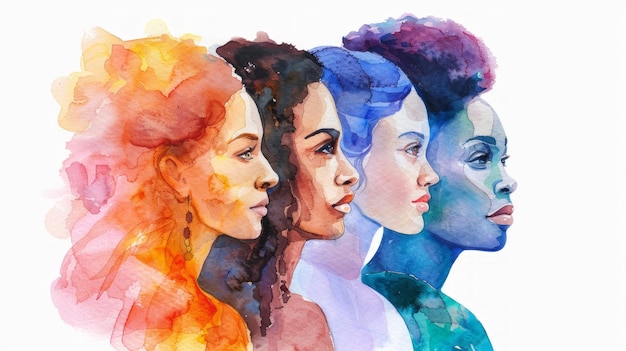 Photo diverse women in a colorful watercolor portrait showcasing beauty and unity