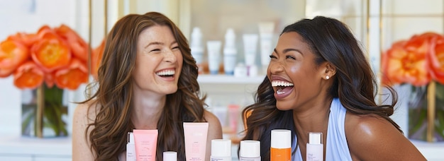 Diverse women laughing together various skincare products on table casual indoor setting