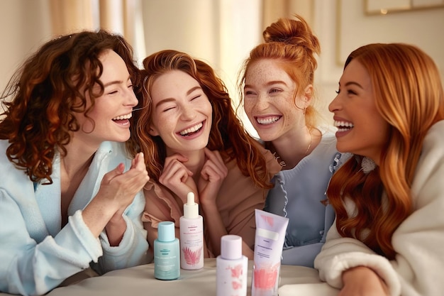 Diverse women laughing together various skincare products on table casual indoor setting