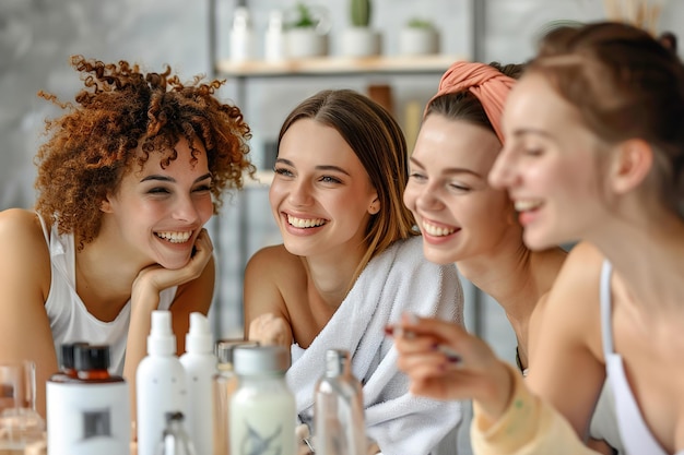 Diverse women laughing together various skincare products on table casual indoor setting