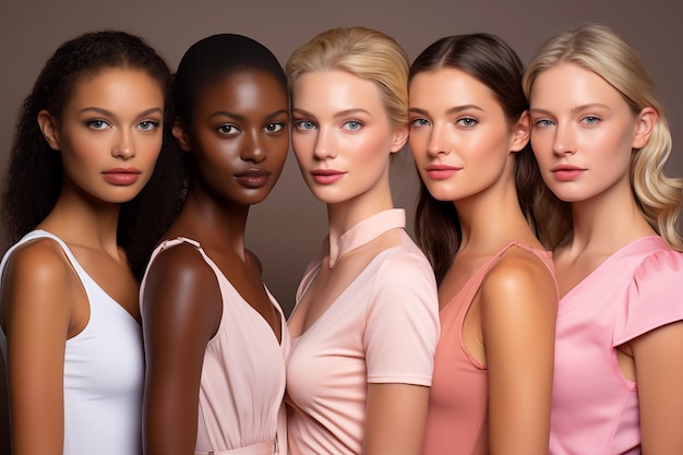 Diverse women with different skin tones stand together showcasing beauty unity isolated on pink