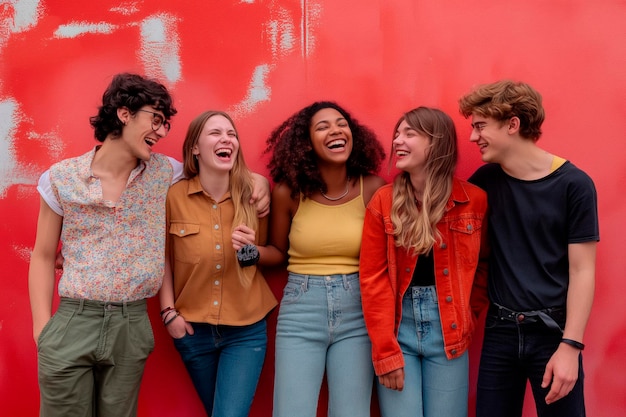 Photo diverse young people laughing together standing in front of light red wall