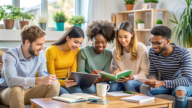 Photo diverse young people studying together at home