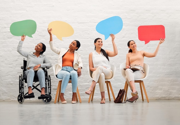 Diversity collaboration or social media speech bubbles of women community news thinking in digital advertising office space Communication review or vote mockup of friends with disabled woman