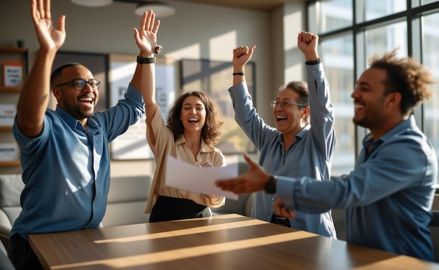 Photo diversity employee of different ethnicity celebrating success at office