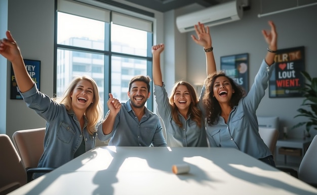 Photo diversity employee of different ethnicity celebrating success at office