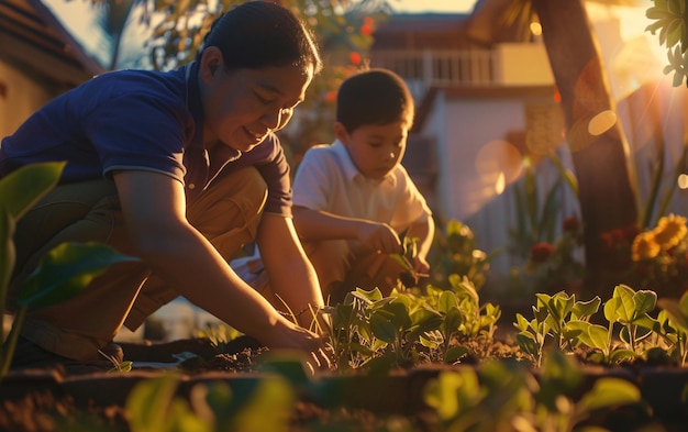 Diversity family Child and mother gardening in vegetable garden in backyard at sunset