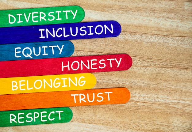 Diversity inclusion equality honesty belonging trust and respect text on colorful wooden stick