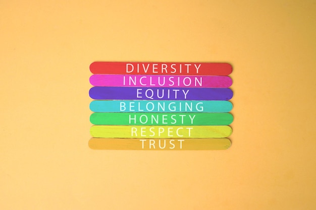 Diversity Inclusion Equity Belonging Trust Honesty and Respect Text on Colorful Wooden Stick