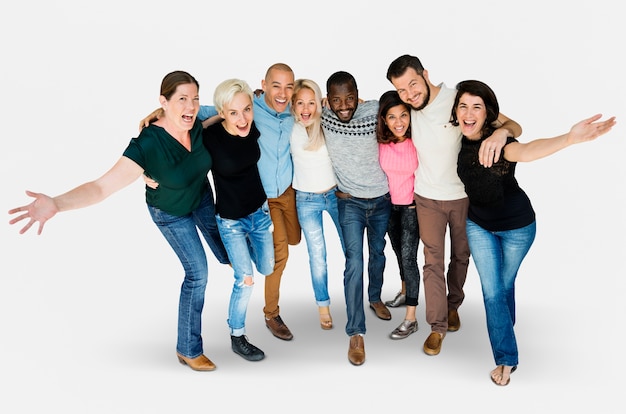 Diversity men and women group smiling arm around together