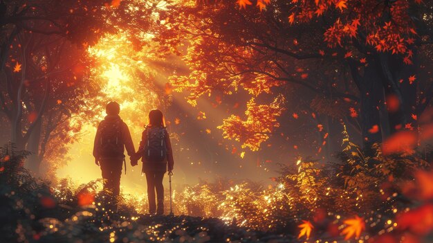 Diversity in Nature Happy NonBinary and Female Couple Hiking in Enchanting Forest