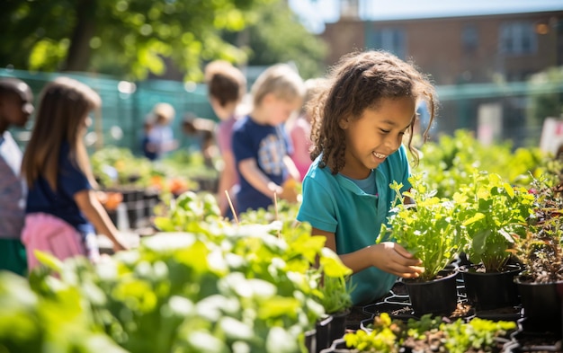 Diversity school african american and other multiethnic children gardening together in the school ga