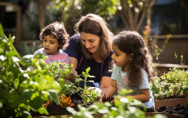 Diversity school teacher and children gardening together in the school garden back to school concept