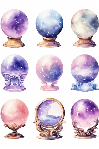 Divination Crystal Ball watercolor clipart isolated on white background with Generative AI