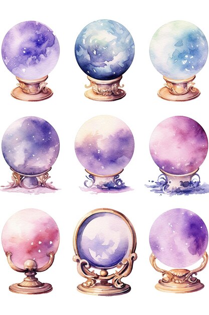 Divination Crystal Ball watercolor clipart isolated on white background with Generative AI