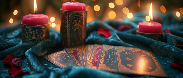 Photo divination magic mystical tarot card reading with glowing candles on velvet cloth