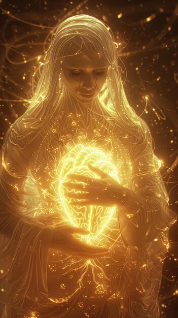 A divine female figure with long golden hair holds a glowing brain in her hands The image symb