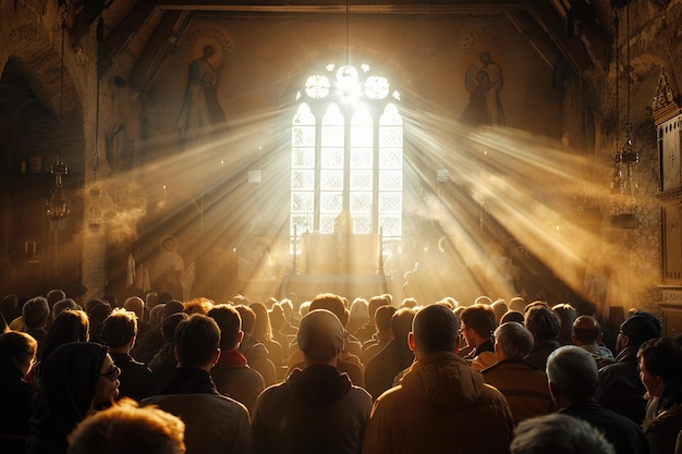 Divine Illumination Worshipers in Sunlit Sanctuary