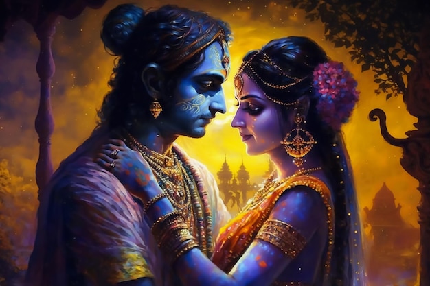 Divine love story of Hindu gods Radha and Krishna through a contemporary art