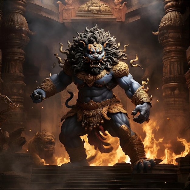 Divine Majesty Narasimha Avatar A fierce lion man incarnation radiating divine power