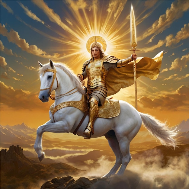 Divine Warriors Triumph Majestic white horse and radiant warrior in golden heavenly landscape