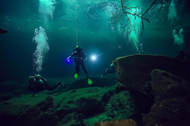 diving in the cenotes, mexico, dangerous caves diving on the yucatan, dark cavern landscape underwater