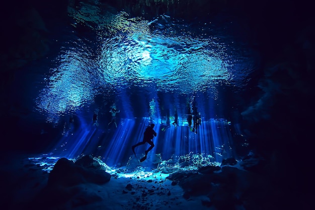 diving in the cenotes, mexico, dangerous caves diving on the yucatan, dark cavern landscape underwater