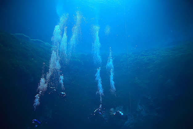 diving in the cenotes, mexico, dangerous caves diving on the yucatan, dark cavern landscape underwater