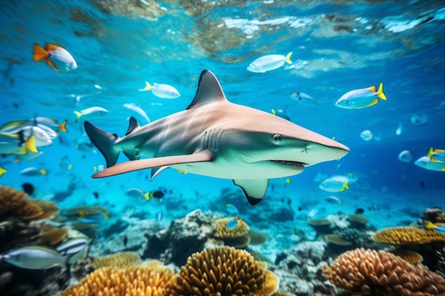 Diving into the Depths Blacktip Reef Sharks Thrilling Hunt Amidst a Vibrant Shoal of Fish in an As