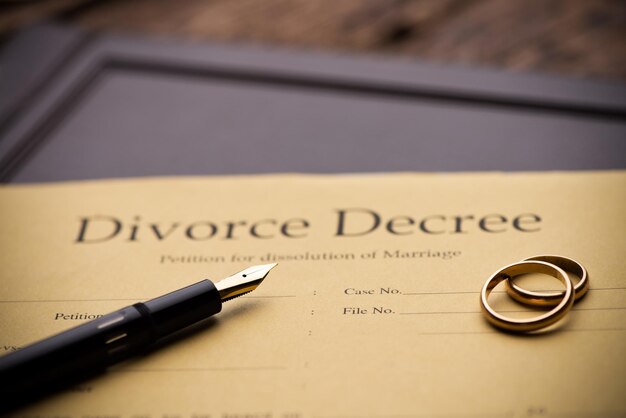 Divorce decree and wooden gavel close up