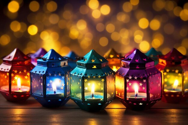 Photo diwali background with colorful lanterns and candles