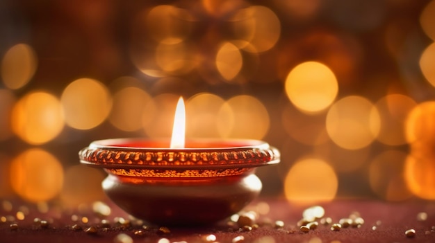 A diwali candle in front of a blurred background