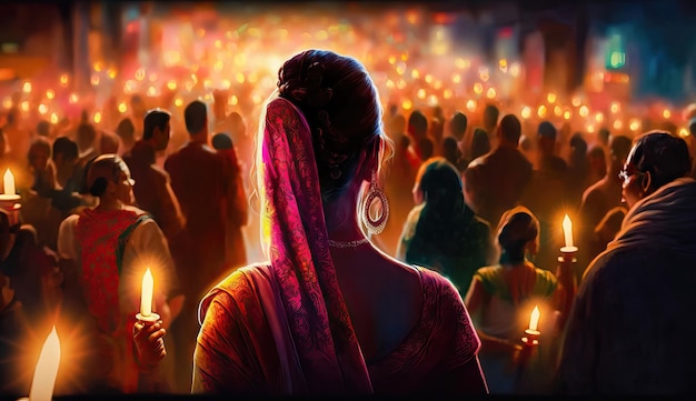 Diwali Celebration Indian Crowd with Burning Lamps in Decorated Square Generative AI