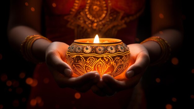 Diwali Clay Lamp in woman hand Happy Diwali celebration