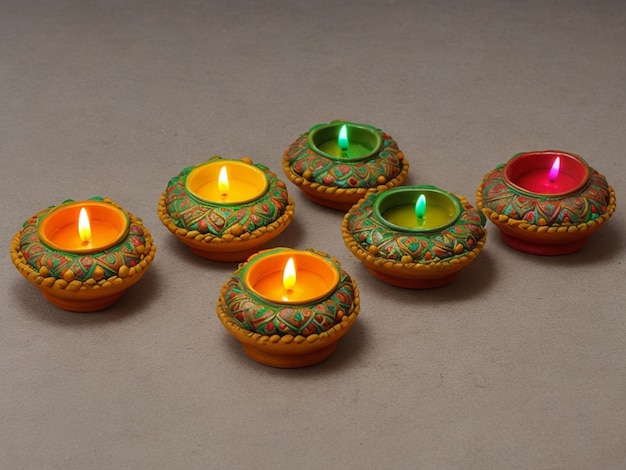 Photo diwali colorful clay diya oil lamps