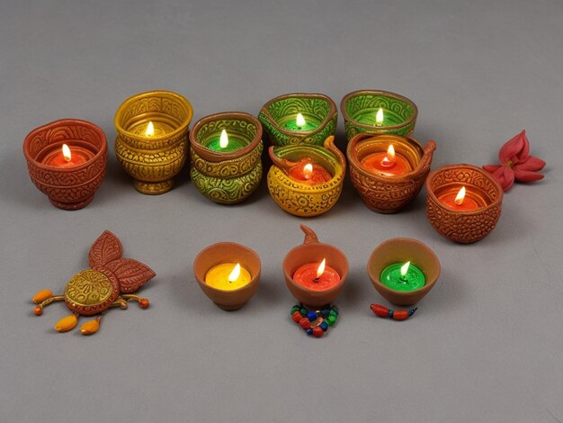 Photo diwali colorful clay diya oil lamps