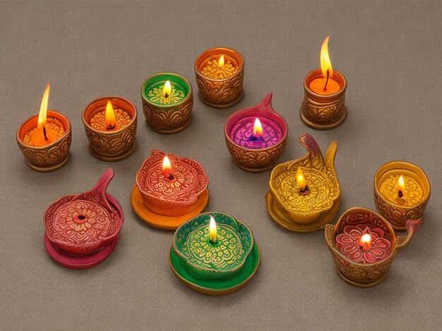 Photo diwali colorful clay diya oil lamps