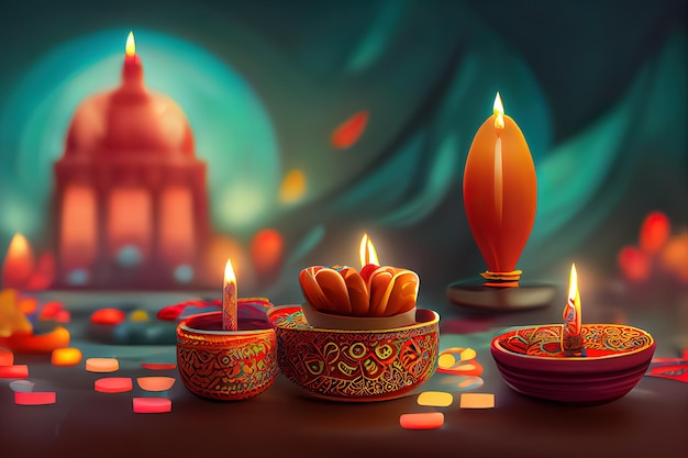 Diwali day festival Diwali lanterns background with candles and blurred lights